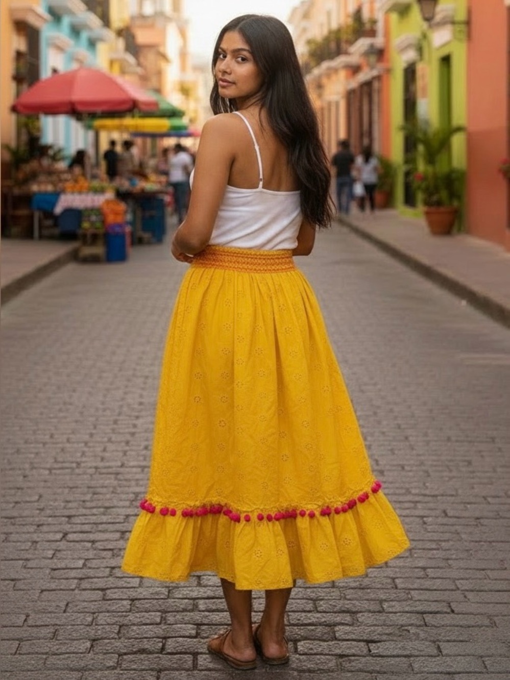 J. Crew Eyelet Lace Summer Pom Pom Cottagecore Women’s Yellow Midi Skirt Sz XS